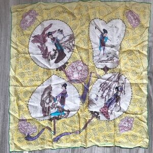WOMENS SILK SCARF YELLOW FOUR SEASON ORIENTAL HARVEST VINTAGE GRAPHIC